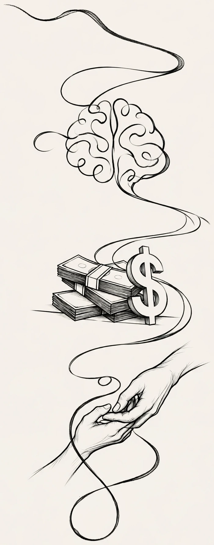 One continuous ink drawing: a ribbon leaves in a long run and an oval loop, flows into a brain full of curls, travels in a long S down to stacked bundles of bills with a large dollar sign, then descends past a small loop to two hands meeting in a clasp, and its tail flows on down, loops once, and ends in a fine point